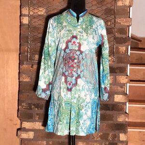 Dolma sujana panel blouse button down teal white green red paisley S